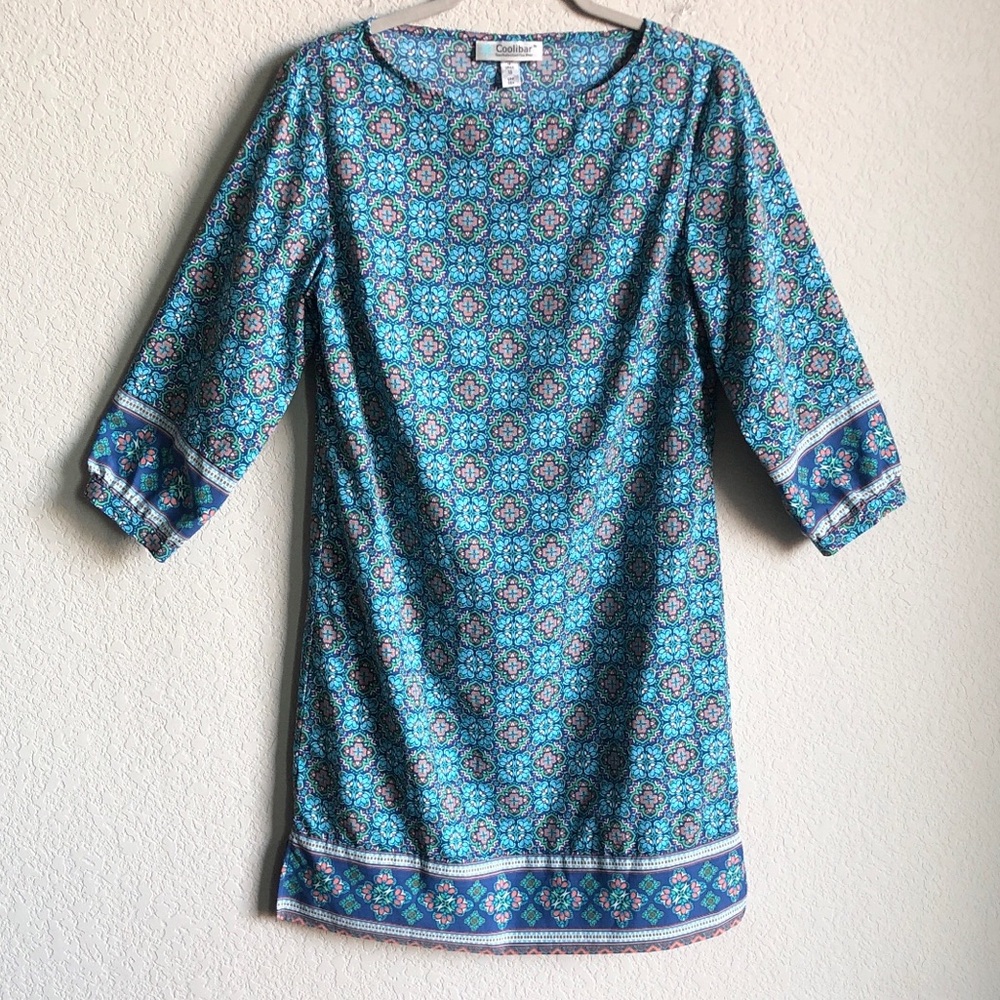 Coolibar UPF Tunic Dress XS Blue Pattern 3/4 Sleeve 01102